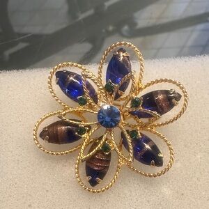 Elegant Gold and Blue Floral Brooch